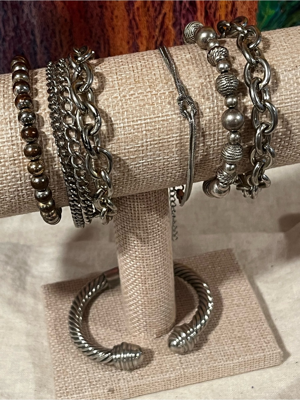 Silver-Tone Multi Bracelet Stack — Polished Chain & Bead Set